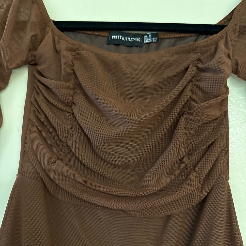 PrettyLittleThing Chocolate Brown Ruched Mesh Midi Dress